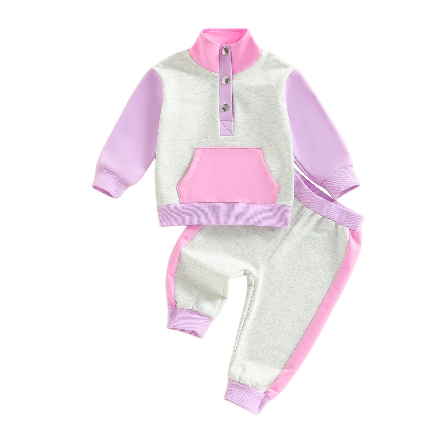 Baby Toddler Boys Girls 2Pcs Clothing Jogger Set Contrast Color Long Sleeve Collar Quarter Button Up Pullover with Pants Outfit