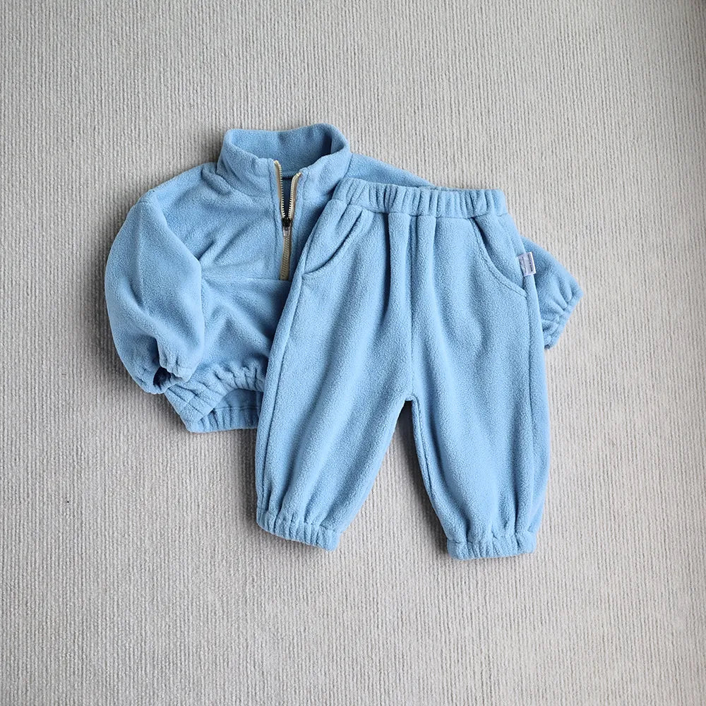 Baby Toddler Boys Girls 2Pcs Sports Sets Fleece Solid Long Sleeve Top Quarter Zip Elastic Waist Pants Outfit