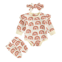 Load image into Gallery viewer, Baby Girls 3PCS Romper Outfits Rainbow Print Long Sleeves Bow Headband Socks Set
