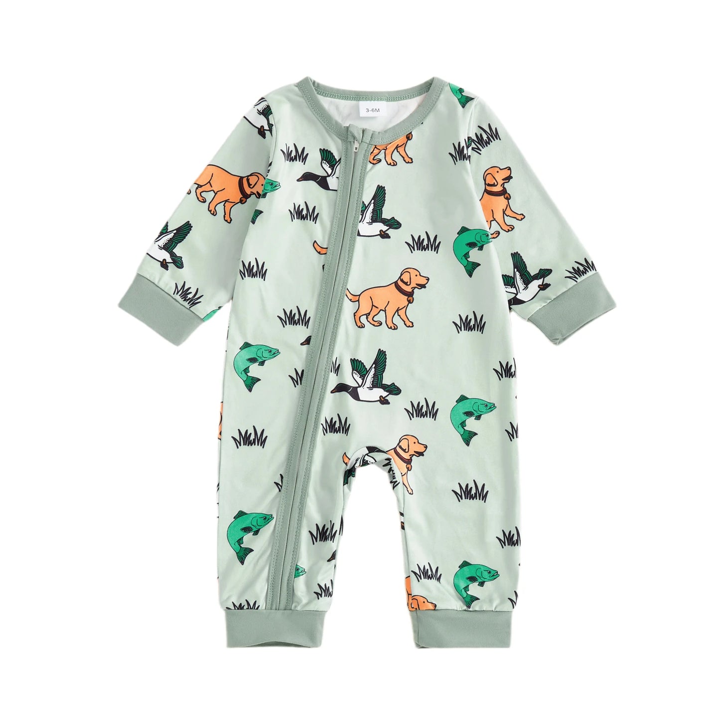 Baby Boys Girls Jumpsuit Casual Long Sleeve Round Neck Animal Grass Print Zipper Romper Footless Newborn Outfit