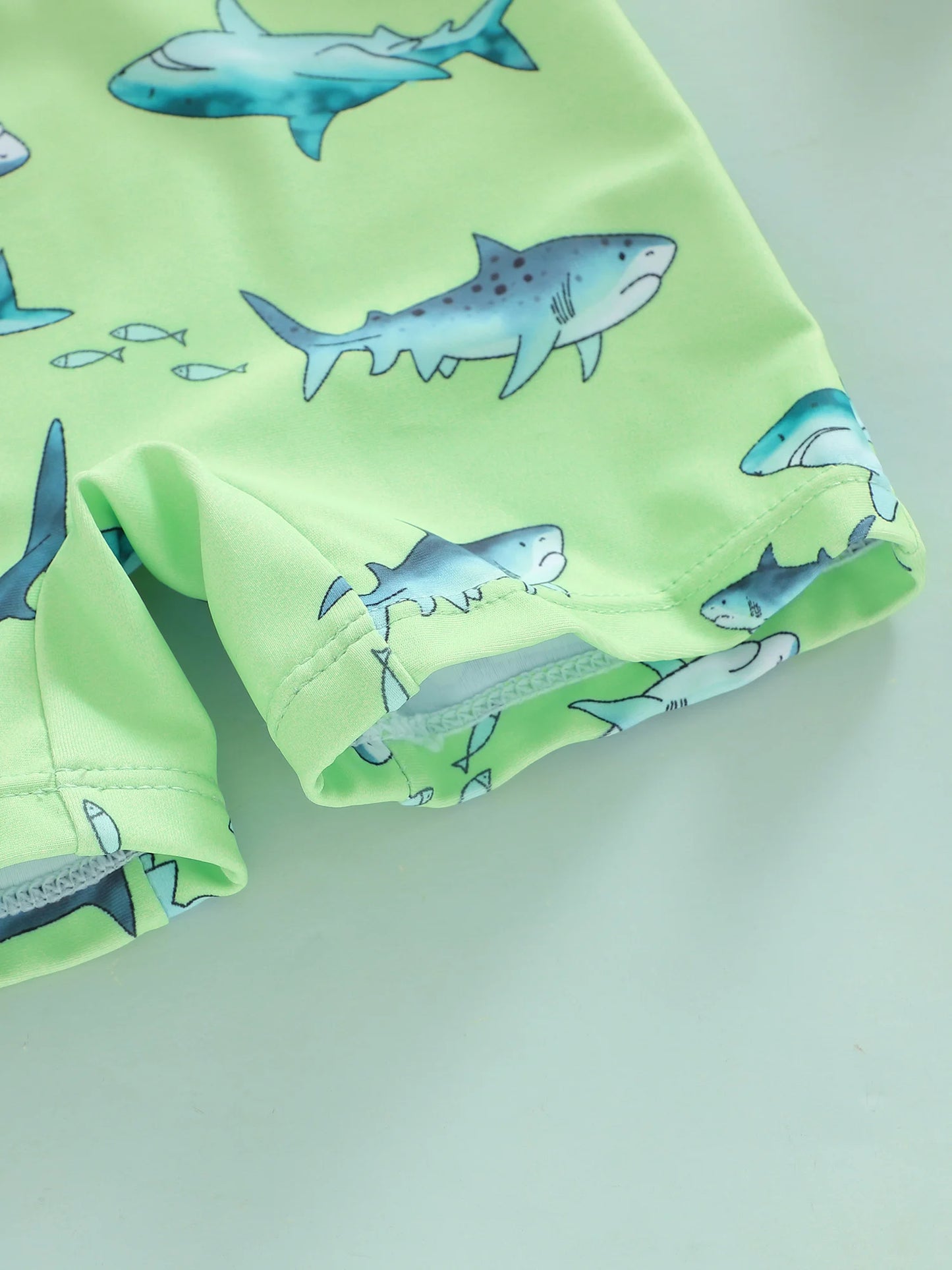 Baby Toddler Boys 2Pcs Casual Shark Print Zipper Long Sleeve Bathing Suit Romper with Swim Cap Set