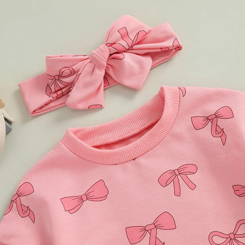 Baby Girl 2Pcs Fall Outfit Bow Print Crew Neck Long Sleeve Bubble Romper Tie-up Headband Set