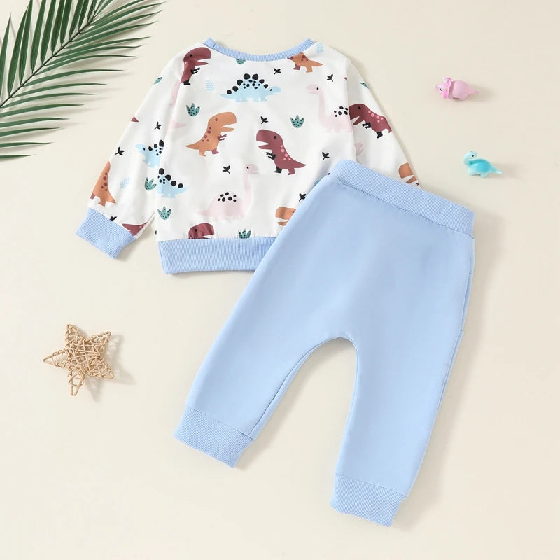 Baby Toddler Boys 2Pcs Fall Outfit Long Sleeve Dinosaur Print Top + Pants Set