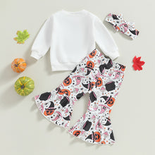 Load image into Gallery viewer, Baby Toddler Kids Girls 3Pcs Halloween Outfit Set Long Sleeve Top Wicked Cute Pumpkin Print Bell Bottom Flare Pants and Headband
