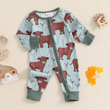 Load image into Gallery viewer, Baby Girls Boys Highland Cow Romper Print Long Sleeve Zipper Jumpsuit Fall Bodysuit
