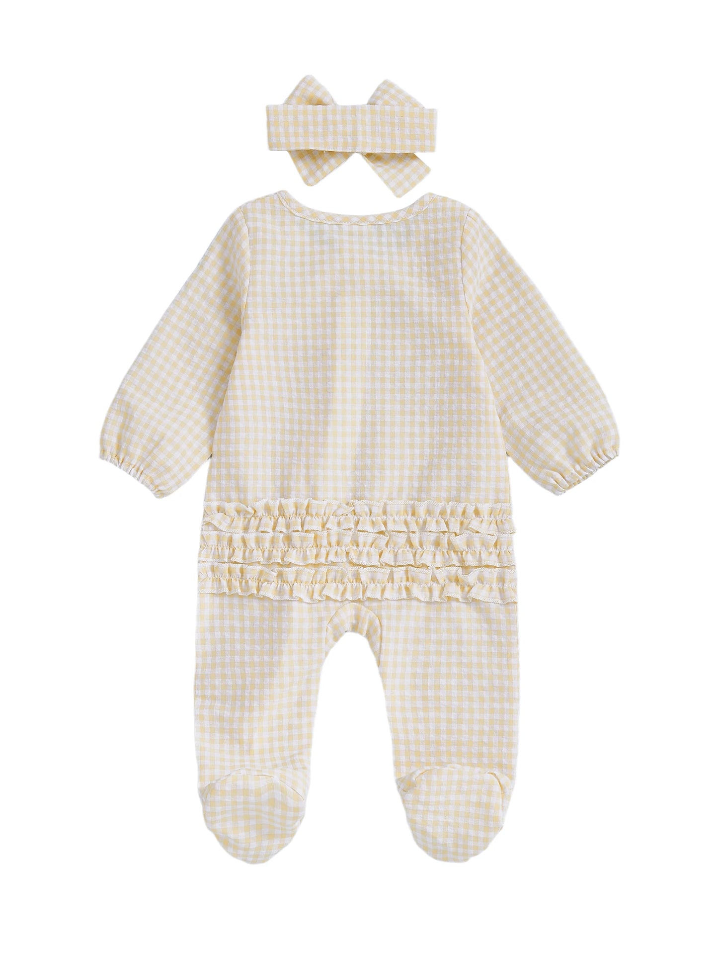 Baby Girl 2Pcs Fall Footies and Headband Set Plaid Ruffled Trim Zip Front Long Sleeve Zipper Romper