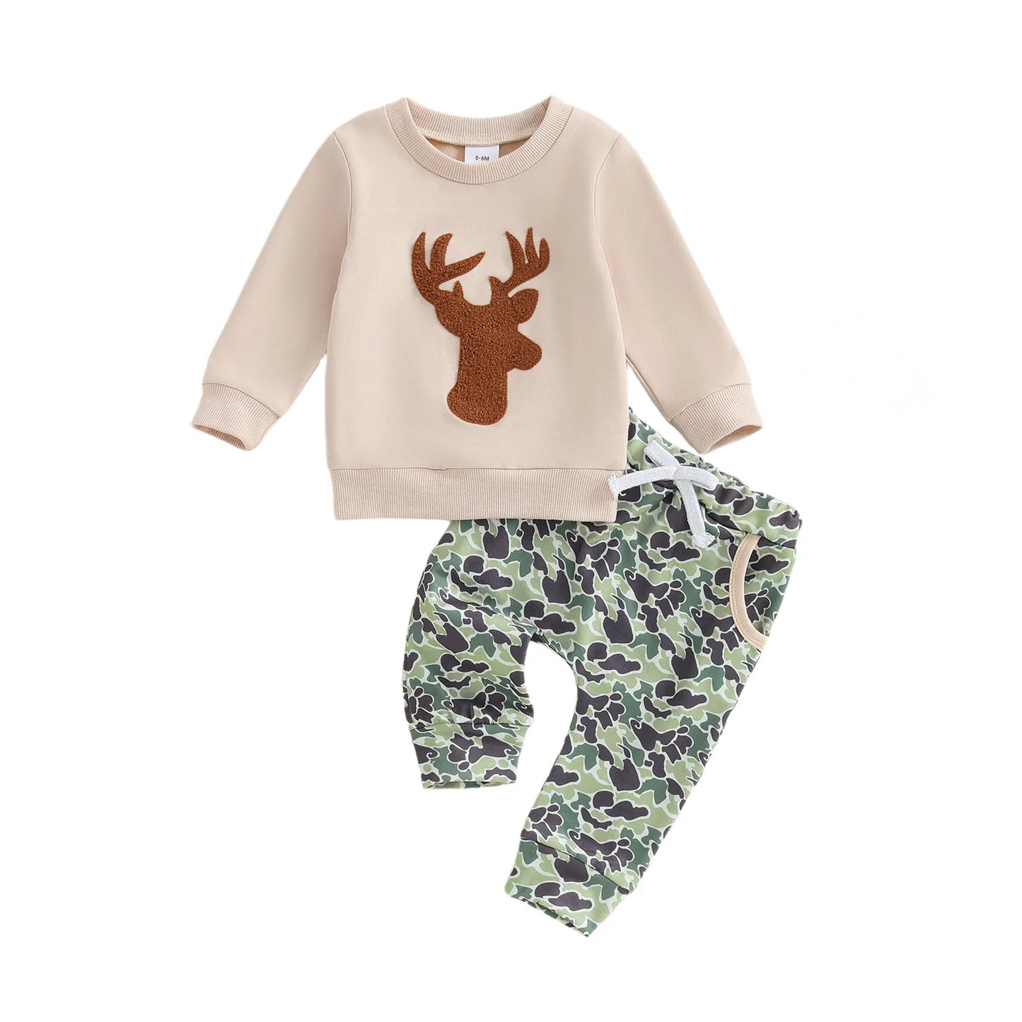 Baby Toddler Boys 2Pcs Fall Outfit Deer Print Long Sleeve Crewneck Top and Elastic Camouflage Pants Clothes Jogger Set