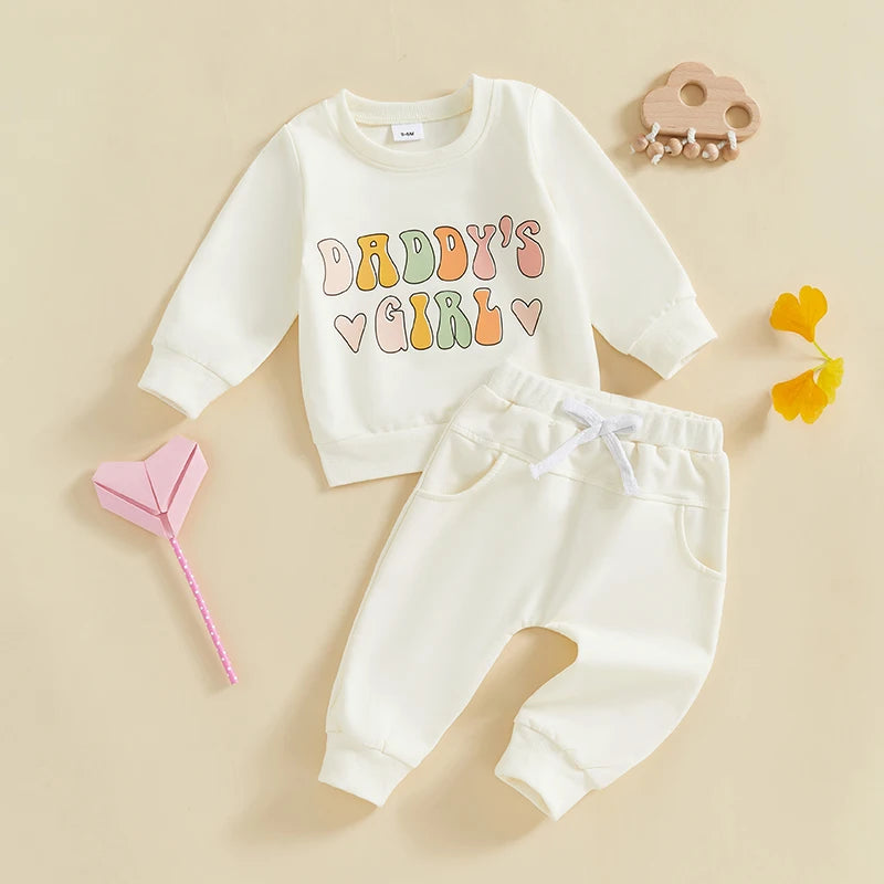 Baby Toddler Girls 2Pcs Daddy's Girl Outfit Long Sleeve Letters Heart Print Crewneck Top Pants Jogger Set