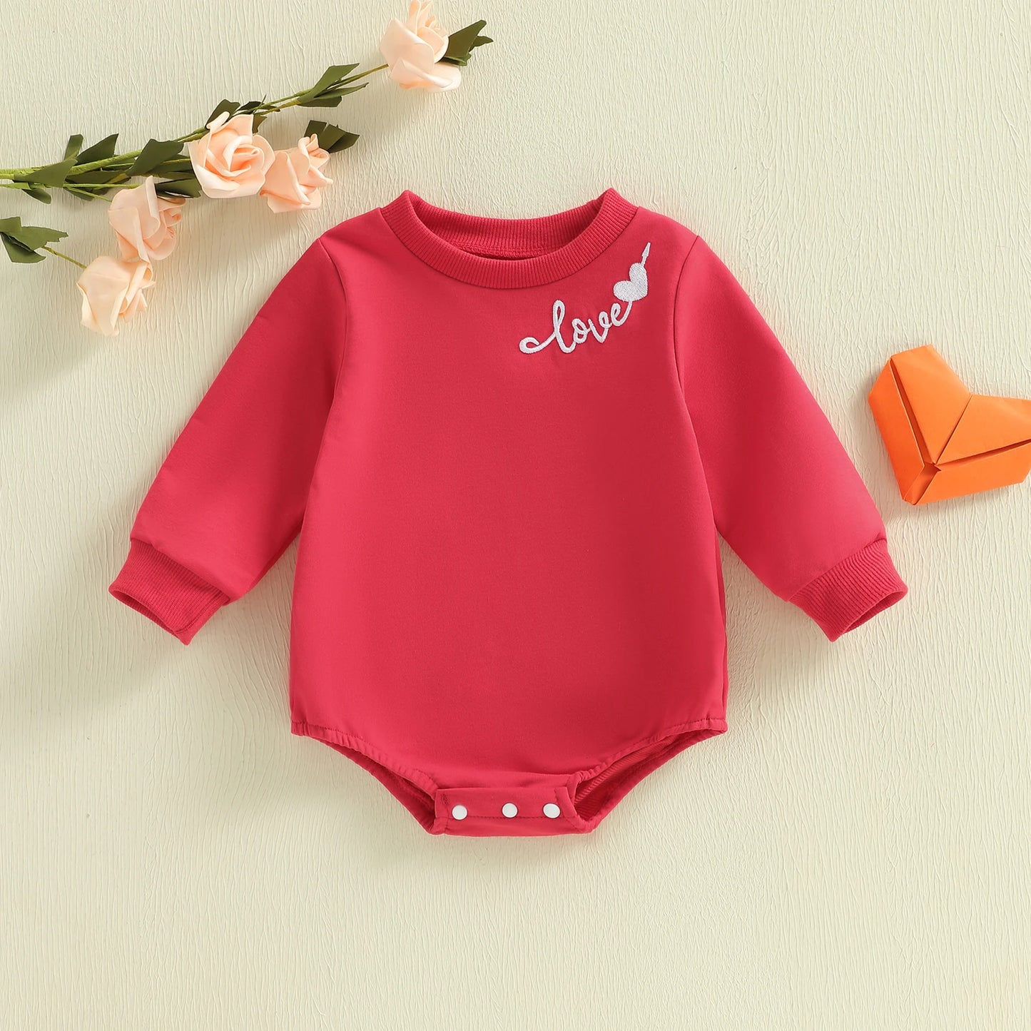 Baby Boys Girls Valentine's Day Bubble Romper Cute Fashionable Letters Love Heart Embroidery Long Sleeve Jumpsuit