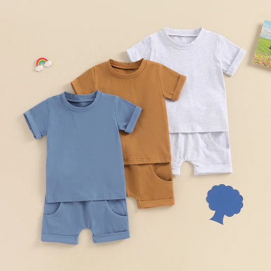 Baby Toddler Boys 2Pcs Summer Outfits Solid Color Rolled Hem Short Sleeve Top Elastic Waist Shorts Clothes Set