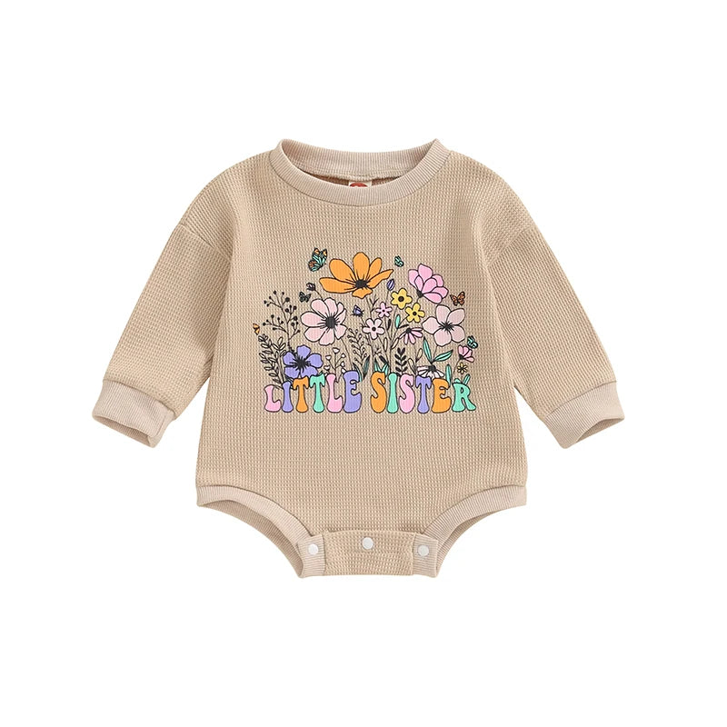 Baby Girls Little Sister Romper Long Sleeve Crew Neck Flower Letters Print Bodysuit