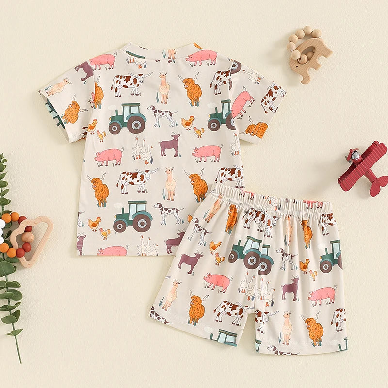 Baby Toddler Boys 2Pcs Farm Outfit Animal Tractor Print Pocket Short Sleeve Top with Elastic Waist Shorts Set