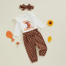 Load image into Gallery viewer, Baby Girls 3Pcs My 1st Thanksgiving / Daddy&#39;s Little Turkey Outfit Long Sleeve Romper + Polka Dots/Turkey Print Pants + Headband Fall Set
