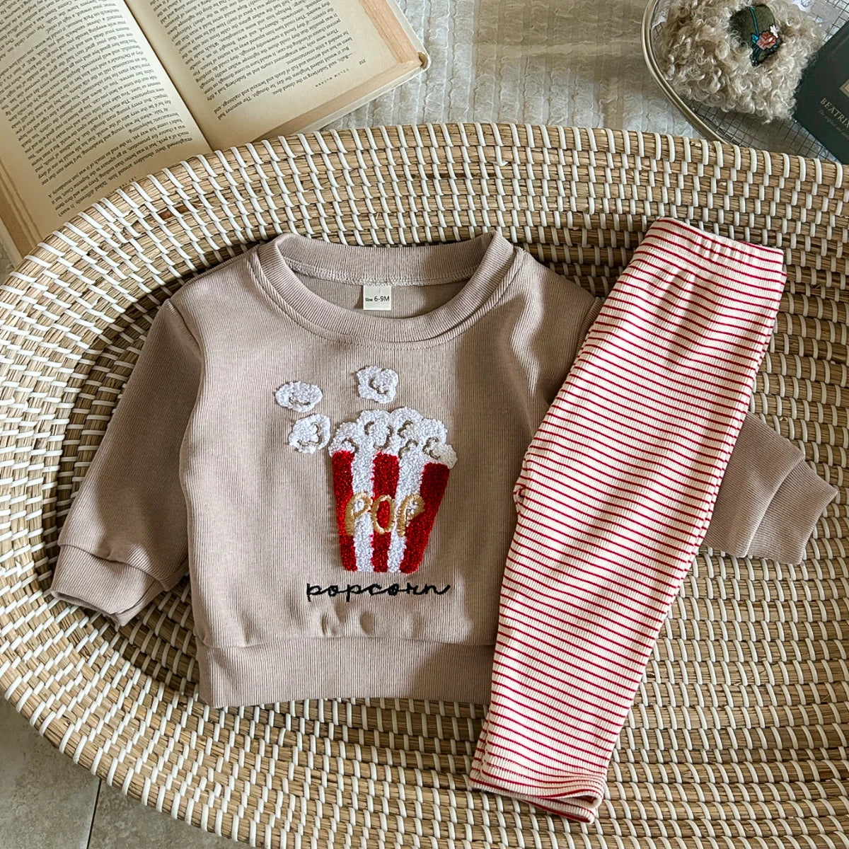 Baby Toddler Girls Boys 2Pcs Popcorn / Muffin Bon Appetit Embroidery Pullover Long Sleeve Top + Pants Set Outfit