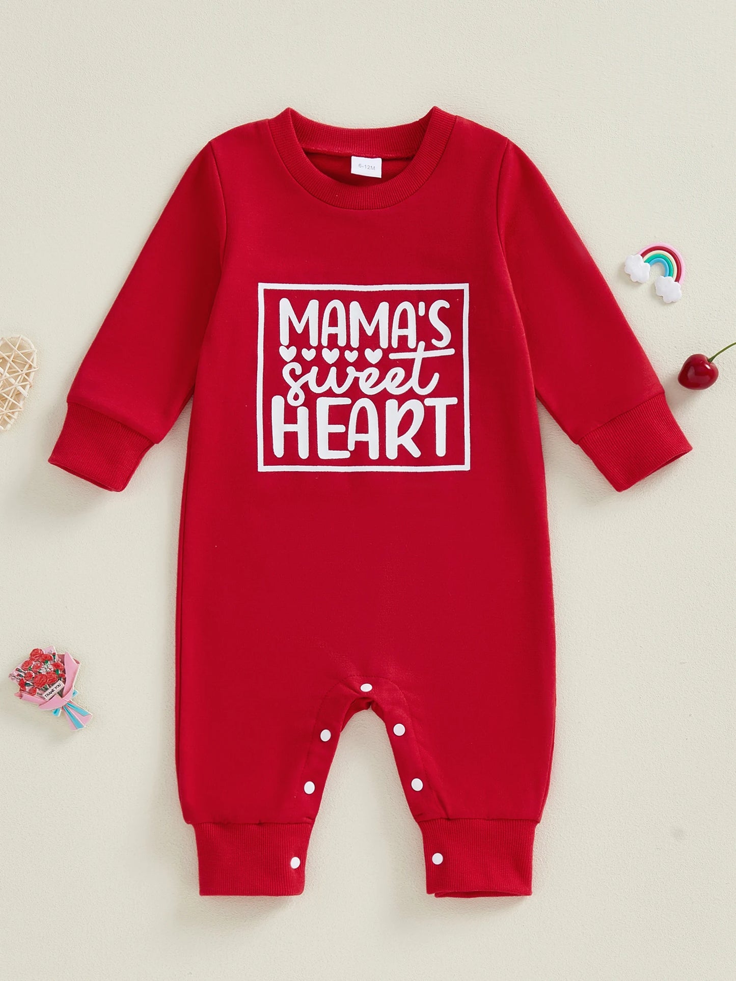 Baby Boy Girl Mama's Sweet Heart Valentine's Day Romper Crew Neck Long Sleeve Letters Heart Print Jumpsuit