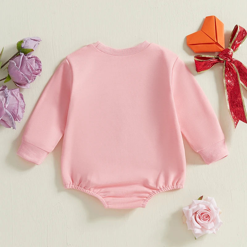 Baby Girl Romper Long Sleeve Round Neck Heart Bow Embroidery Bodysuit Valentine's Day