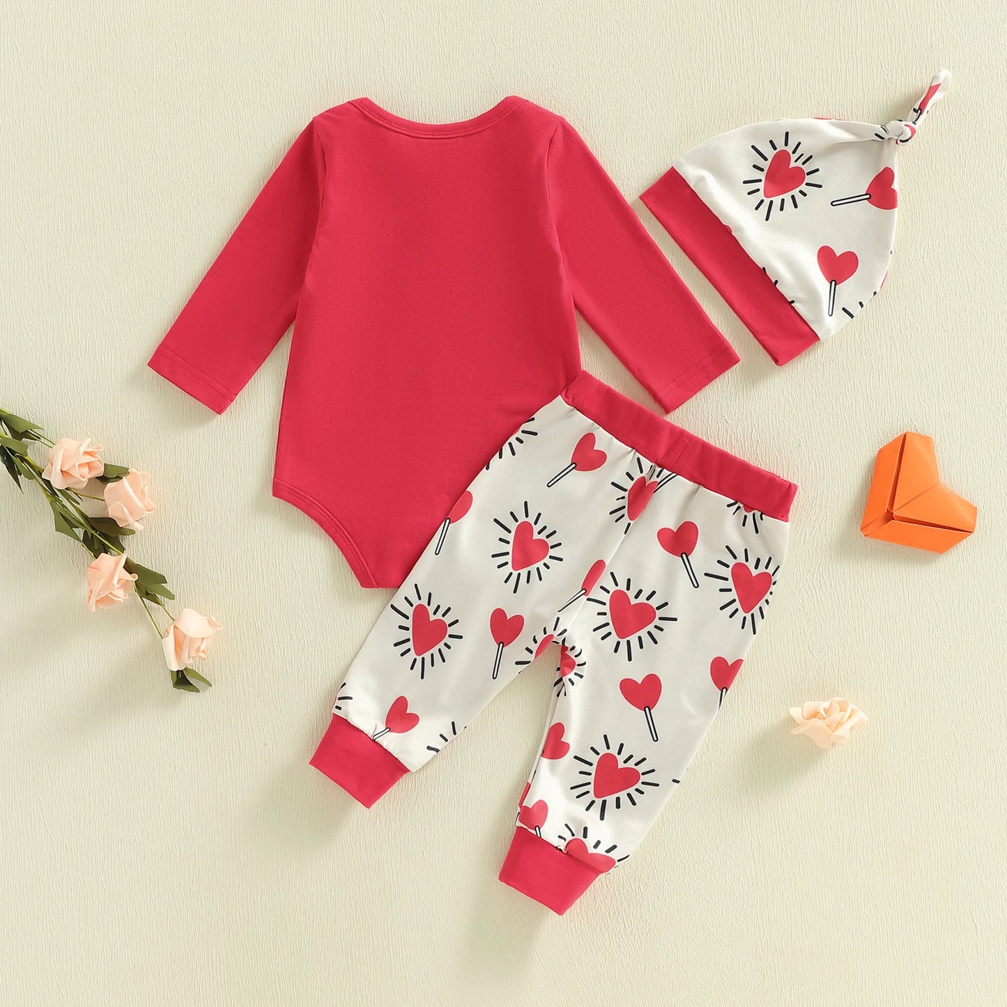 Baby Boy Girl 3Pcs My First Valentine's Day Outfit Letter Print Long Sleeve Romper Heart Candy Pattern Long Pants and Hat 3Pcs Set