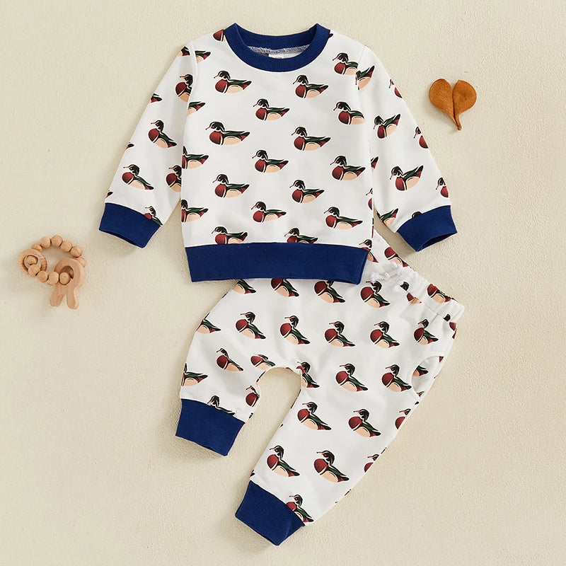 Baby Toddler Boys 2Pcs Fall Jogger Set Duck Print Long Sleeve Crew Neck Top with Elastic Waist Pants Outfit