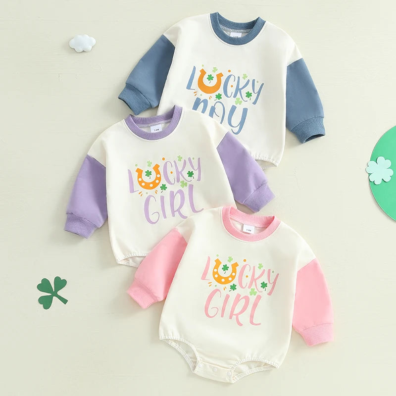 Baby Girls Lucky Girl Spring St. Patrick's Day Bubble Romper Long Sleeve Crewneck Shamrock Horseshoe Print Bodysuit