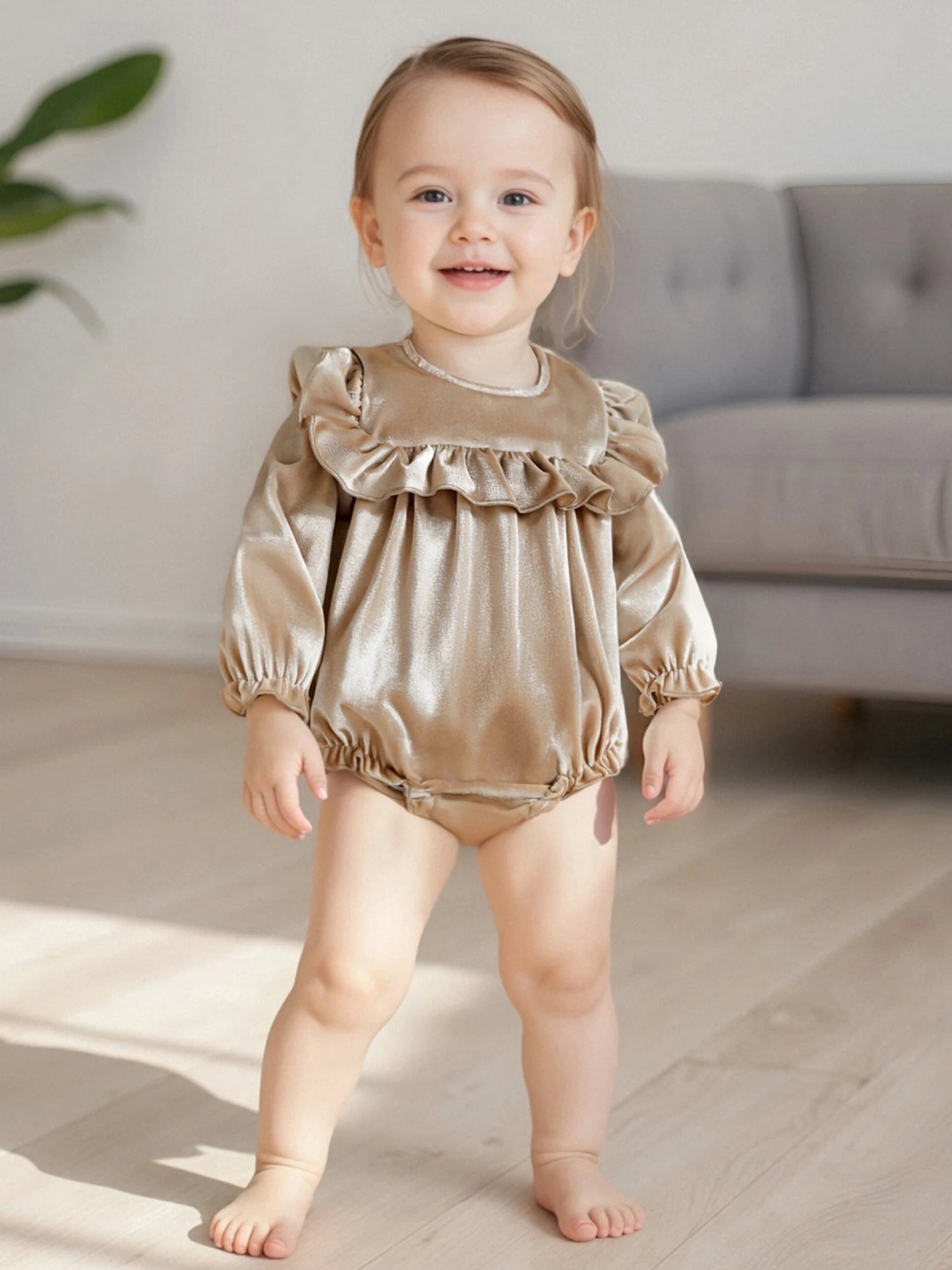 Baby Girls Velvet Romper Solid Color Ruffled Round Neck Long Sleeve Bubble Jumpsuit