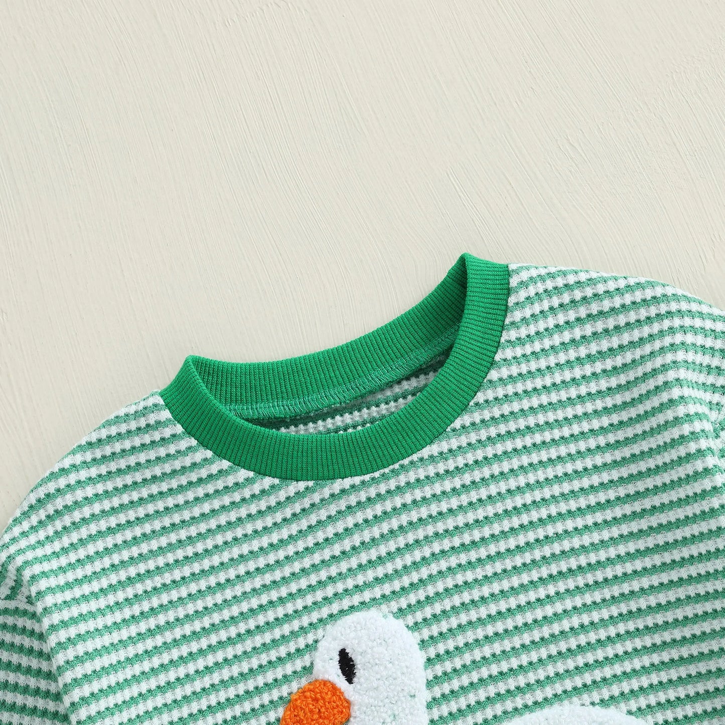 Baby Boy Rompers Long Sleeve Stripes Print Crew Neck Jumpsuit with Cute Goose Embroidery