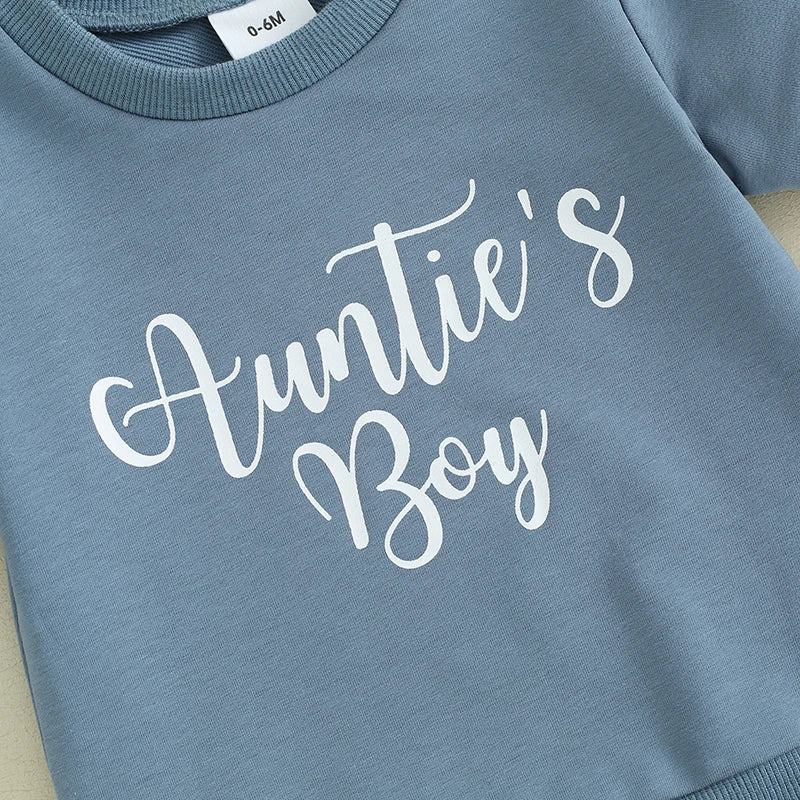 Baby Toddler Boy 2Pcs Auntie's Boy Shorts Set Letter Print Short Sleeve Round Neck Top with Solid Color Shorts Outfit