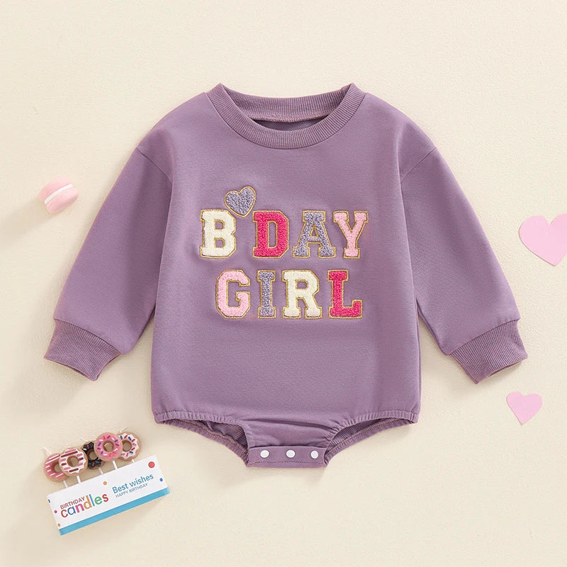 Baby Girl Boy BDAY GIRL / BOY Birthday Romper First Birthday Long Sleeve Round Neck Letter Embroidery Bodysuit Playsuit