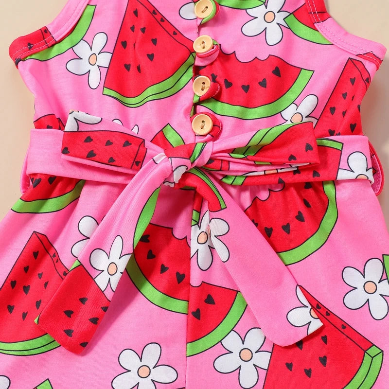 Baby Toddler Kids Girl Summer Jumpsuit Sleeveless Tie Strap Watermelon Print Belted Romper Shorts