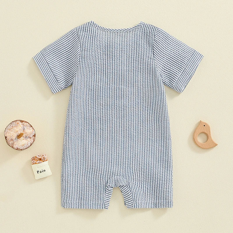 Baby Boys Button Romper Short Sleeve Stripe Print Jumpsuit Pocket Casual Clothes