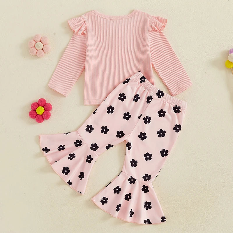 Baby Toddler Girl 2Pcs Fall Outfit Long Sleeve Ruffle Top + Floral Flower Flare Pants Set