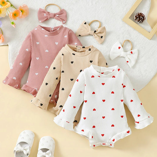 Baby Girl 2Pcs Fall Romper Ribbed Heart Print Long Sleeve Crew Neck Ruffled Jumpsuit with Bow Headband Set