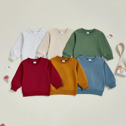 Baby Toddler Kids Boy Girl Solid Color Long Sleeve Round Neck Pullover Loose Top