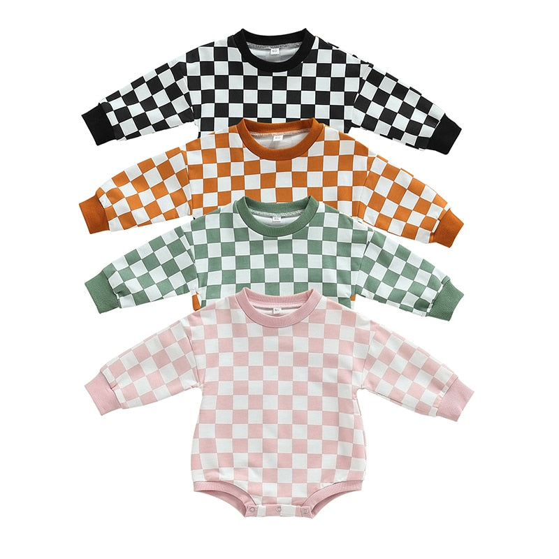 Baby Boy Girl Fall Sweatshirt Bodysuit Checkerboard Print Long Sleeve Jumpsuit Romper