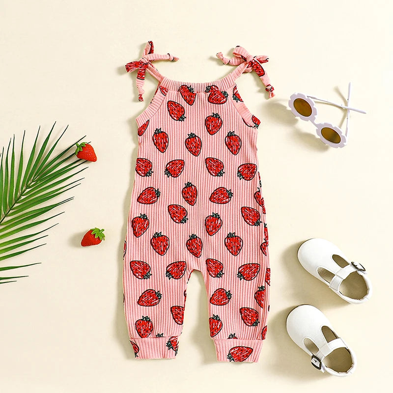 Baby Toddler Girls Sleeveless Fruit Strawberry Print Jumpsuit Romper Tie-up Playsuit