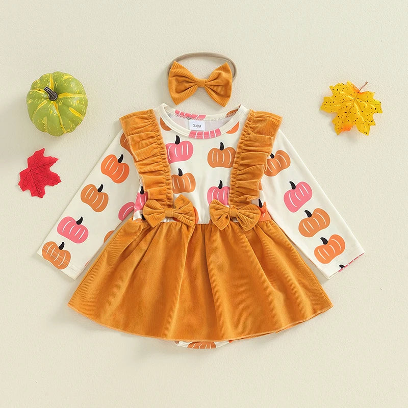 Baby Girls 2Pcs Halloween Romper Dress Overalls Skirt Long Sleeve O Neck Pumpkin Print Romper with Headband Set