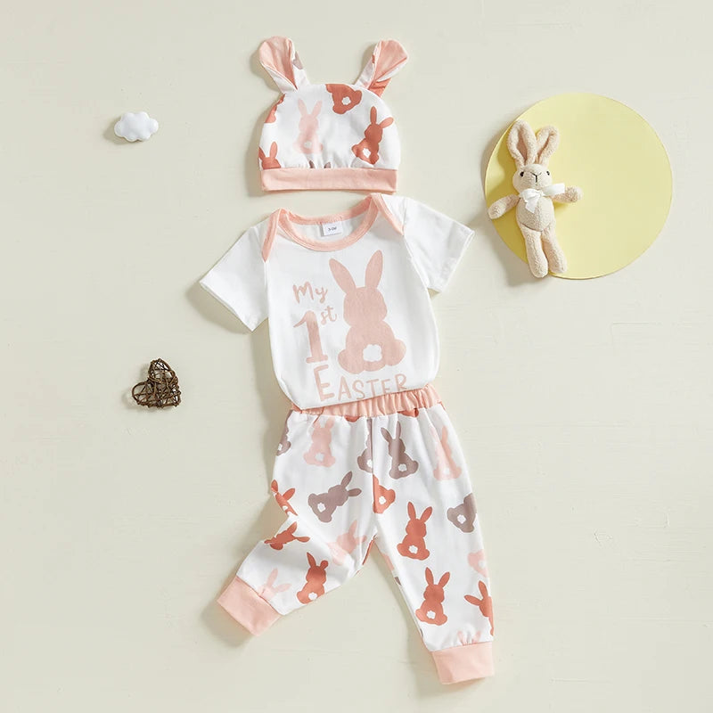 Baby Girl Boy 3Pcs My First 1st Easter Outfit Bunny Print Short Sleeve Romper Bodysuit Long Pants Hat with Rabbit Ears Spring Set