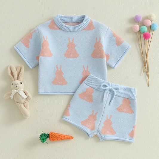 Baby Toddler Girls 2Pcs Easter Outfit Bunny Rabbit Print Knitted Short Sleeve Top and Elastic Knit Shorts Set Cute Spring Clothes