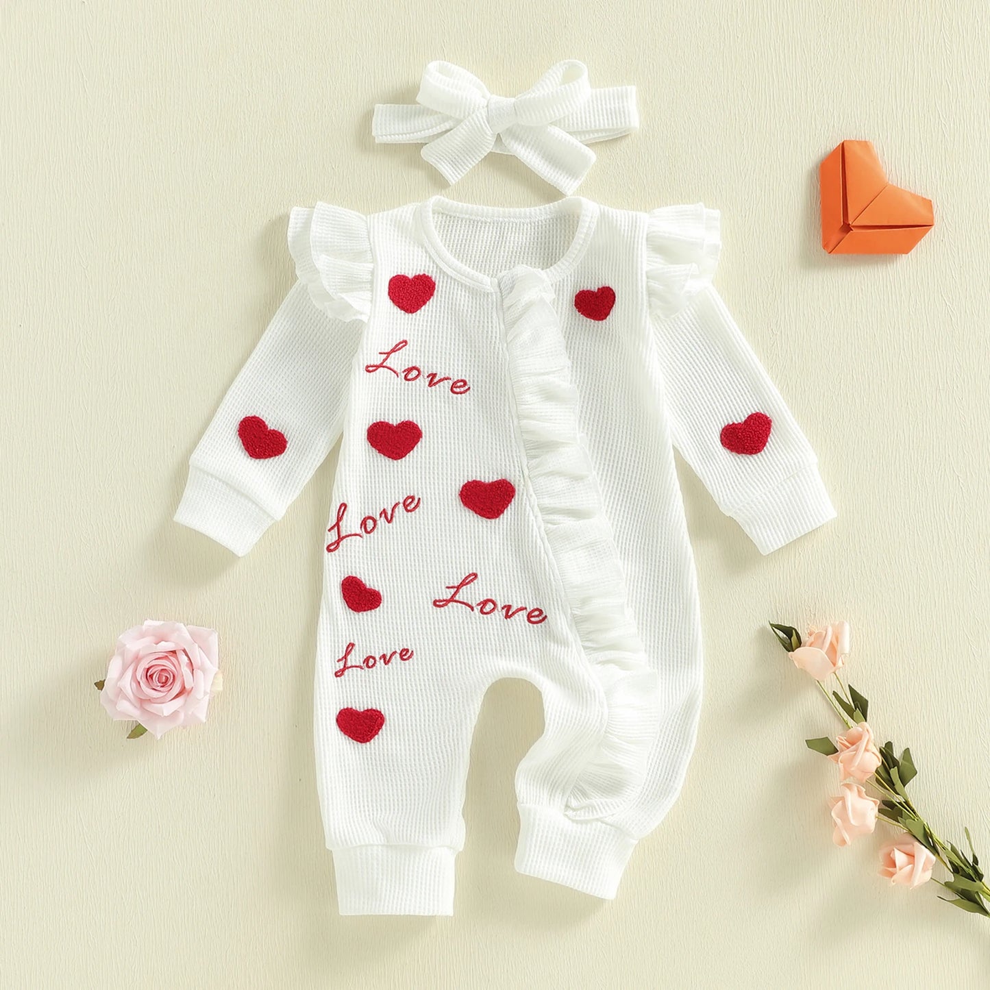 Baby Girl 2Pcs Valentine's Day Outfit Long Sleeve Round Neck Heart Love Embroidery Jumpsuit with Headband Set