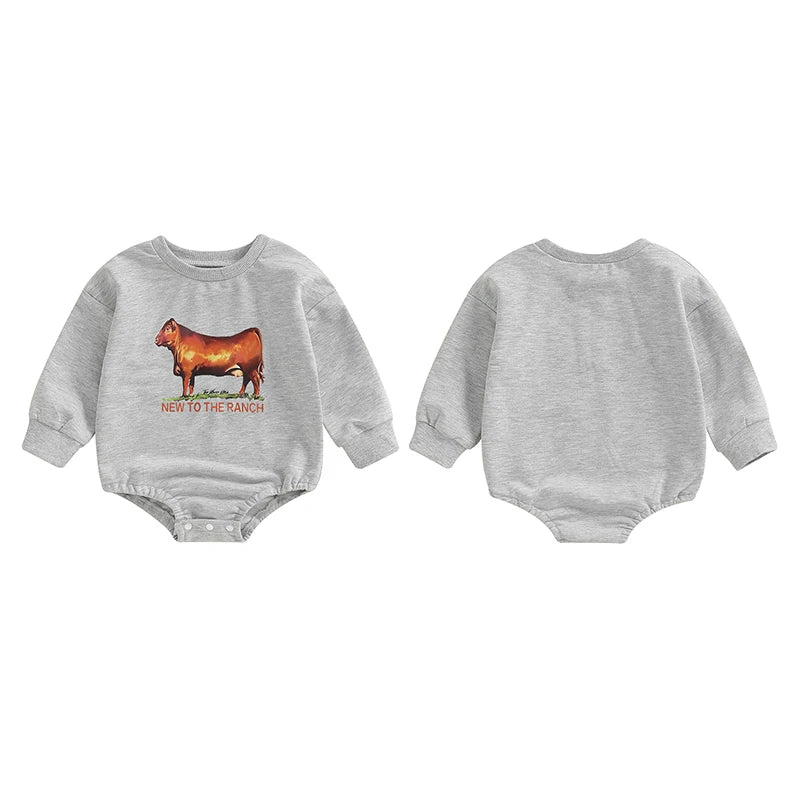 Baby Boys New To The Ranch Western Romper Casual Cattle Cow Letter Print Round Neck Long Sleeve Jumpsuit