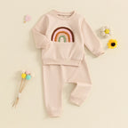Baby Toddler Girls 2Pcs Outfit Embroidery Rainbow Long Sleeve Crew Neck Top with Elastic Waist Pants Set