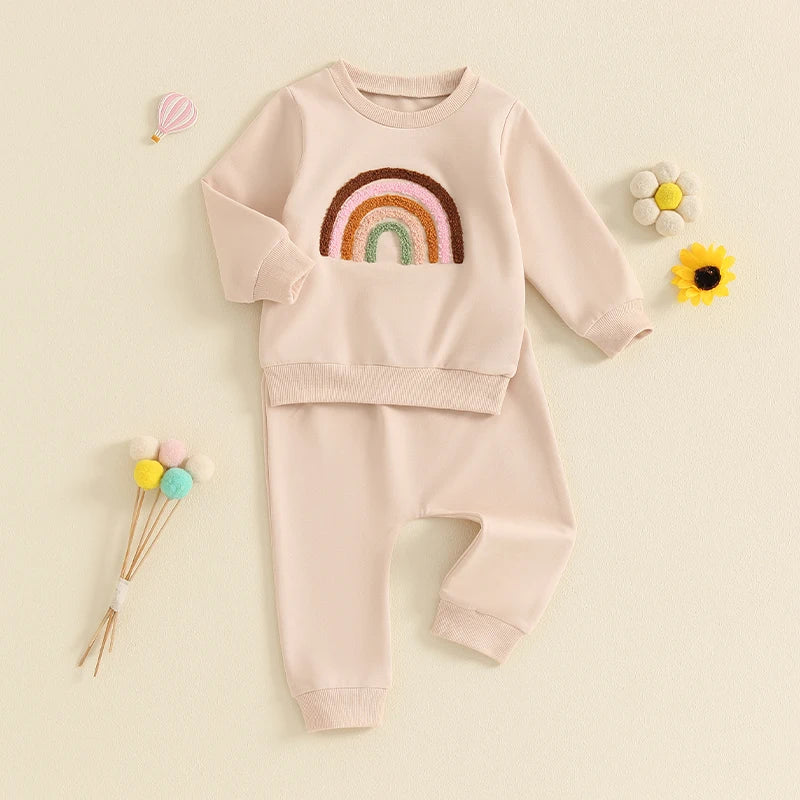 Baby Toddler Girls 2Pcs Outfit Embroidery Rainbow Long Sleeve Crew Neck Top with Elastic Waist Pants Set