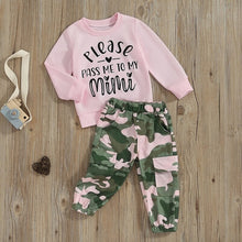 Load image into Gallery viewer, Toddler Kids Girl 2Pcs Autumn Clothes Letter Print Please Pass Me To My Mimi Long Sleeve Tops Elastic Camouflage Pattern Pant Outfit
