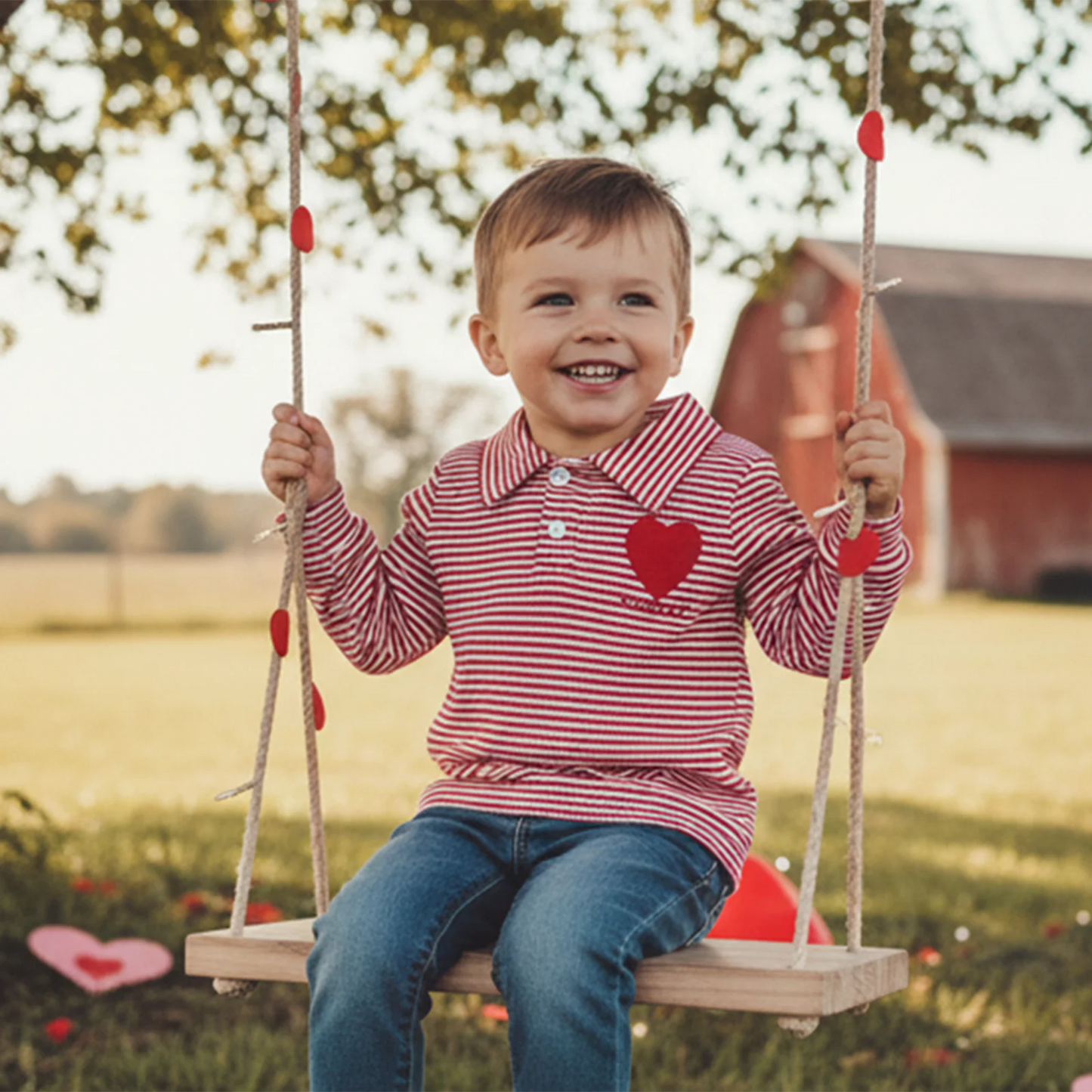 Baby Toddler Valentine's Day Long Sleeve Turn-down Collar Striped Embroidery Heart Top