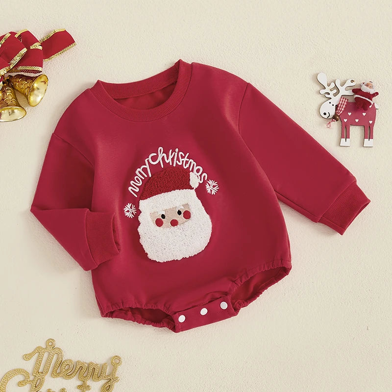 Baby Boys Girls Merry Christmas Bubble Romper Long Sleeve Crew Neck Santa Letters Embroidery Jumpsuit