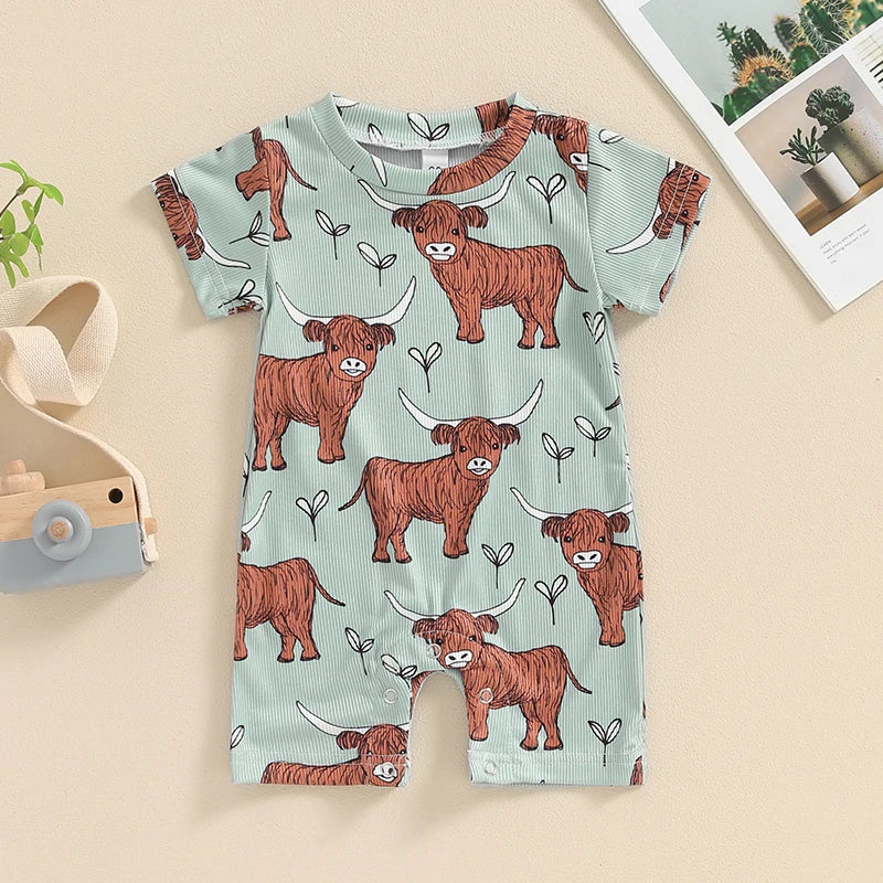 Baby Boys Girls Western Jumpsuit Short Sleeve Crew Neck Highland Cow Print Summer Casual Romper