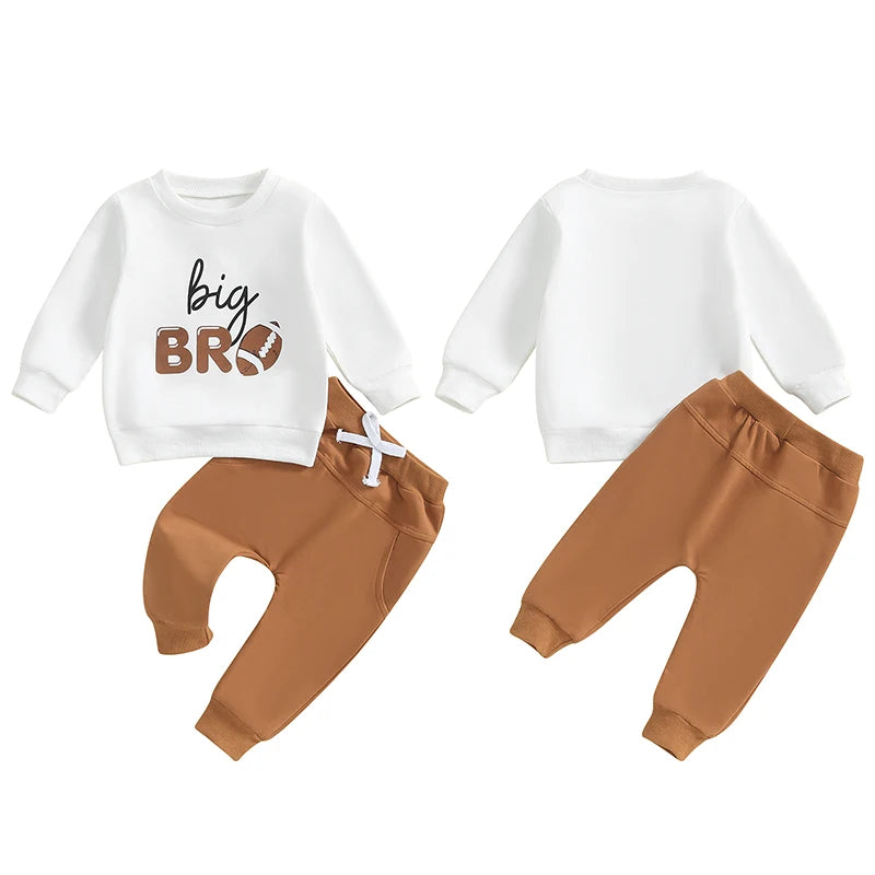 Baby Toddler Kids Boys 2Pcs Big Bro Outfit Long Sleeve Letters Football Print Top with Elastic Waist Pants Fall Game Day Jogger Set