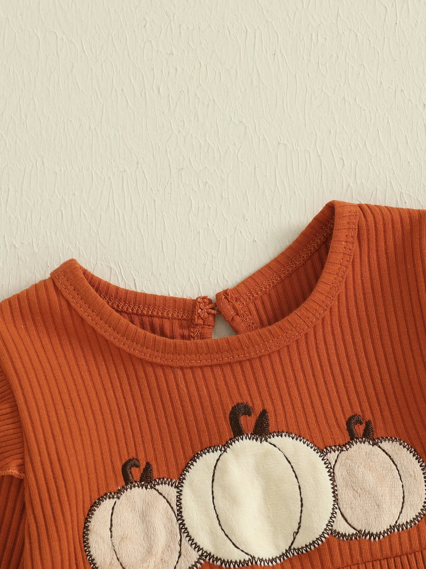 Baby Girl Pumpkin Embroidered Jumpsuit Halloween Fall Long Sleeve Round Neck Ruffle Romper