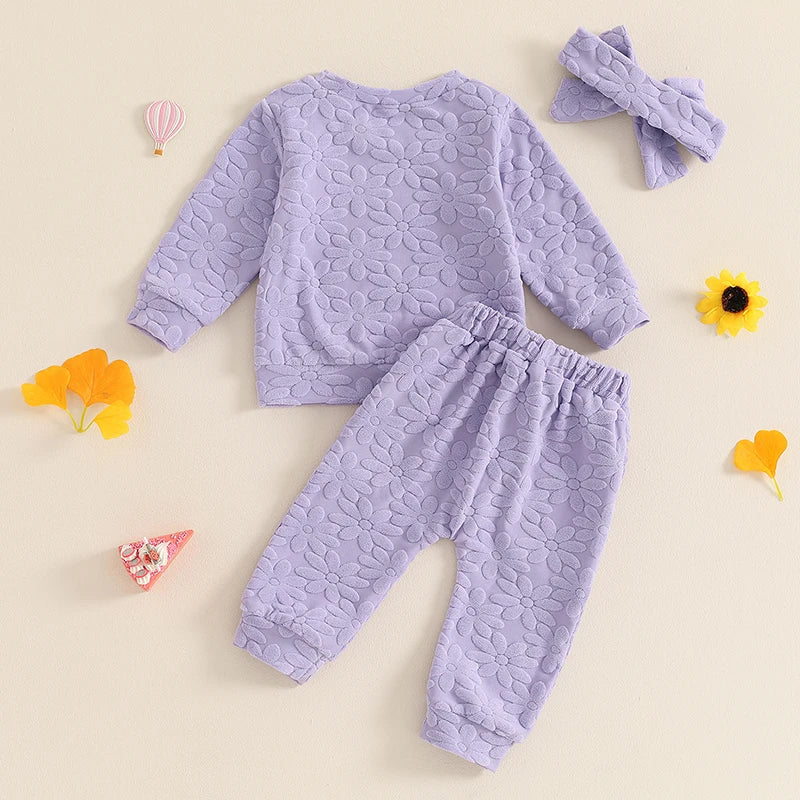 Baby Toddler Girls 3Pcs Fall Outfit Daisy Flower Embroidery Long Sleeve Top with Elastic Waist Pants Headband Set