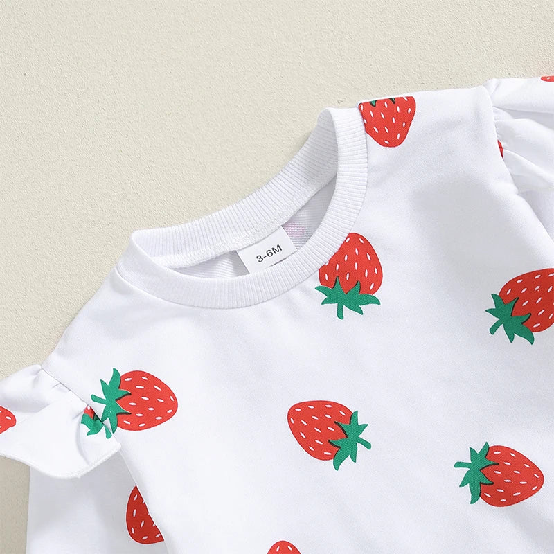 Baby Toddler Girls 2Pcs Outfit Strawberry Print Long Sleeve Crew Neck Top with Elastic Waist Pants Fall Set