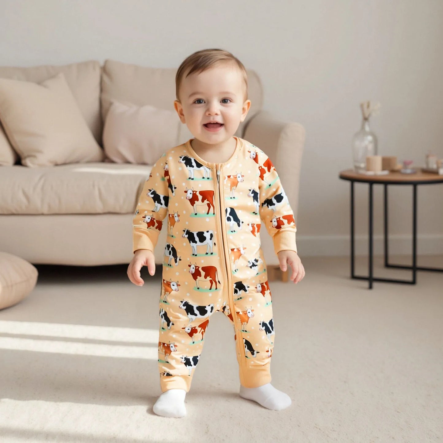 Baby Boy Girl Cow Printed Romper Fashionable Round Neck Long Sleeve Fall Spring Zipper Jumpsuits